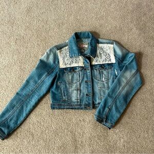 Hot Kiss Womens Size M Jacket Jean Cropped Distressed Denim Lace Stretch Y2K